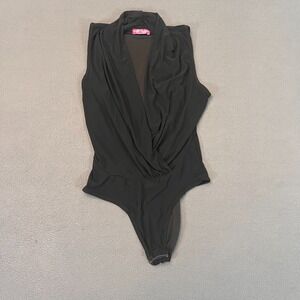 Body Central Size Sm Bodysuit One Piece Black Pleated Wrap V Collar Sleeveless‎